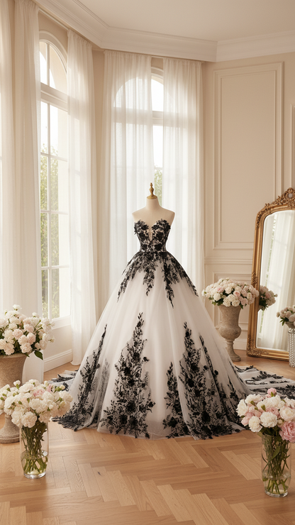 Dramatic black and ivory bridal gown with full skirt and lace detailing