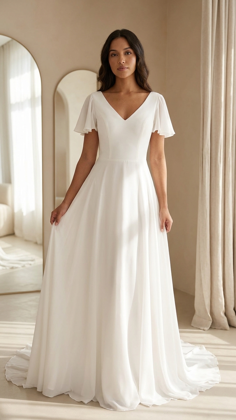 Elvie minimalist A-line wedding dress with V-neckline, short flutter sleeves and flowing bridal skirt