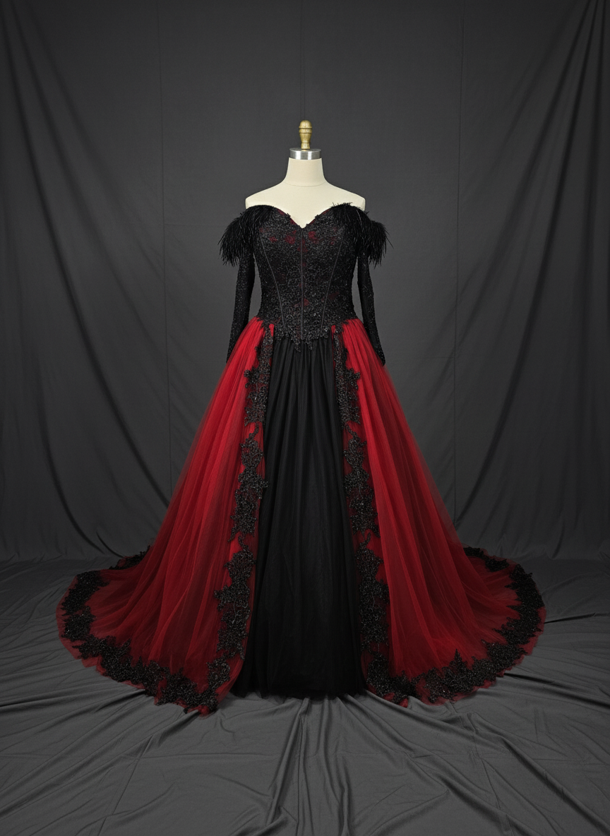 Crimson Raven Gothic Wedding Dress | Viva la Pepa Black & Red Gown A & M Enterprises Bridal Crimson Raven Gothic Wedding Dress | Viva la Pepa Black & Red Gown A & M Enterprises Bridal