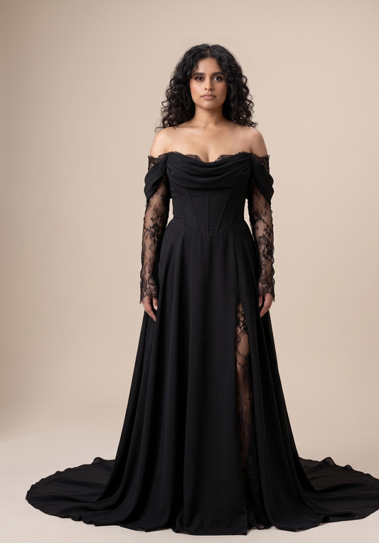 Black Wedding Dress Off the Shoulder Long Sleeve Crepe Size 16