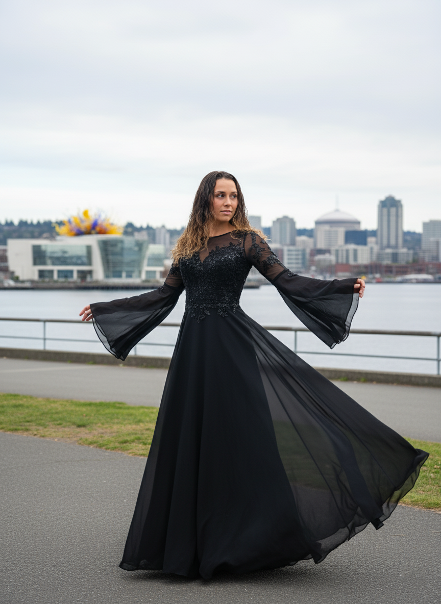 bell sleeve long black dress Octavia