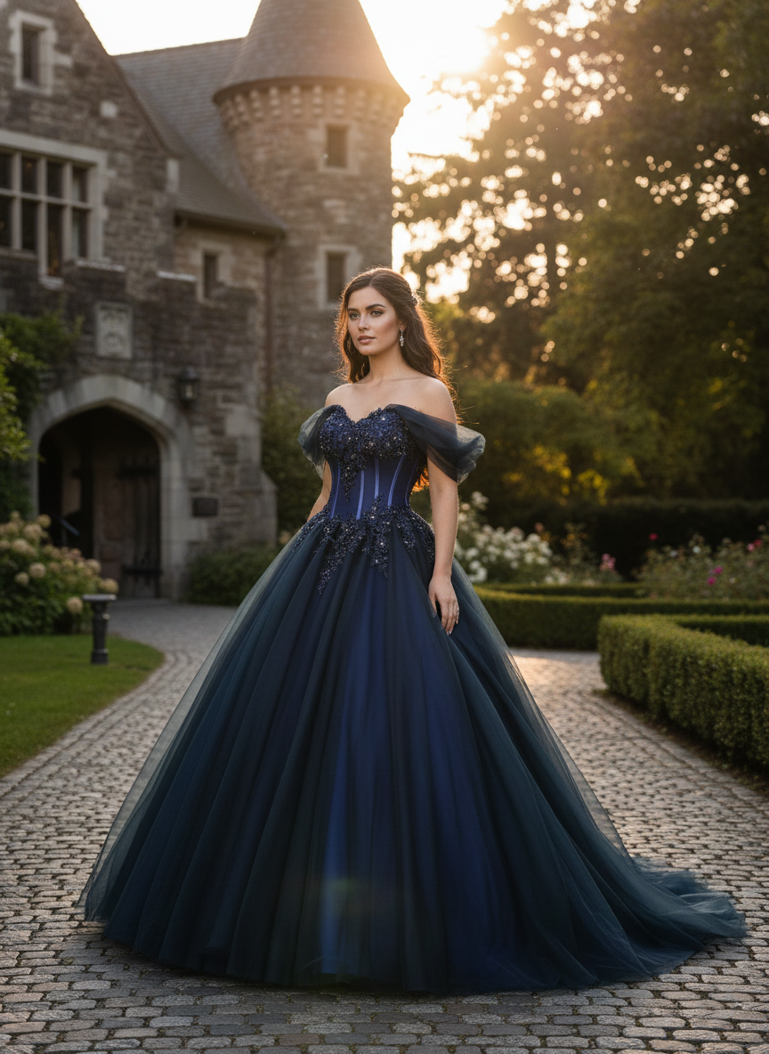 Navy & Royal Blue Beaded Ball Gown Wedding Dress | Agns A & M Enterprises Bridal Navy & Royal Blue Beaded Ball Gown Wedding Dress | Agns A & M Enterprises Bridal