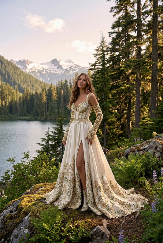 Golden Eden botanical gold embroidered wedding dress front view
