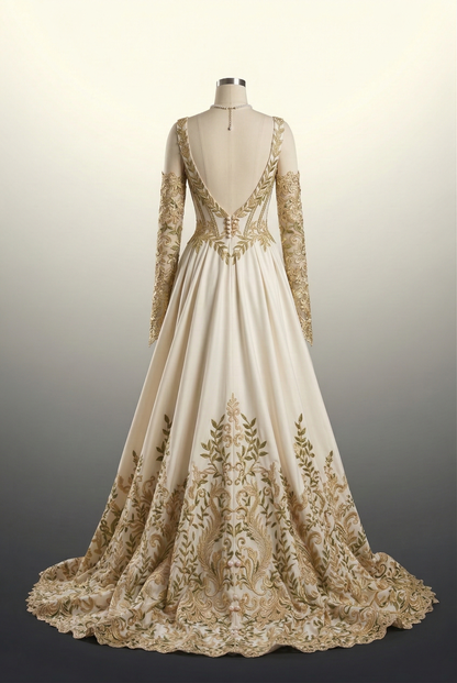 Garden inspired wedding dress with gold vine embroidery
