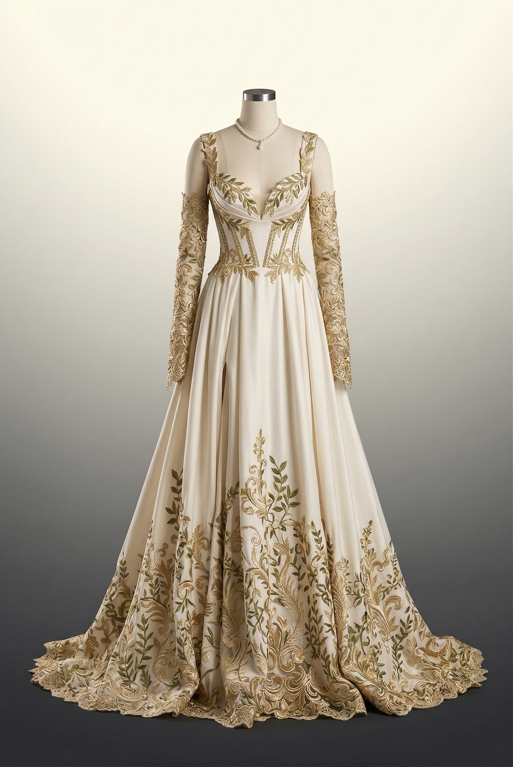 Romantic botanical wedding dress with flowing embroidered hem