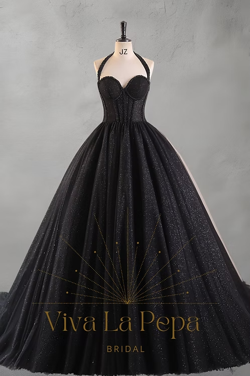 Gothic glitter tulle bridal gown