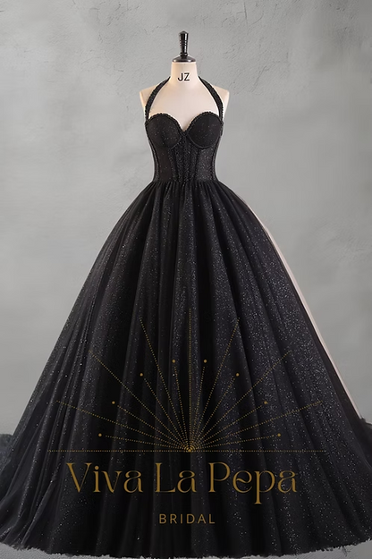 Gothic glitter tulle bridal gown