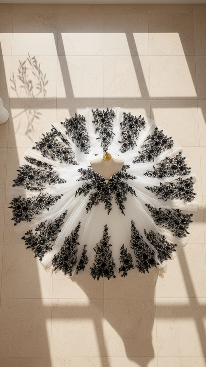 Gothic wedding dress with black floral lace over ivory satin ball gown