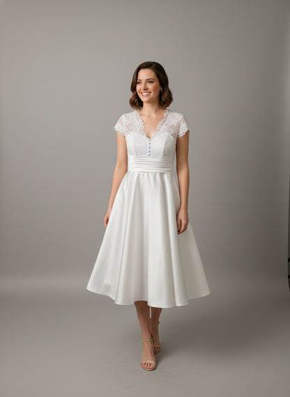 Grace vintage tea length wedding dress with lace V-neck bodice, cap sleeves and full satin A-line skirt