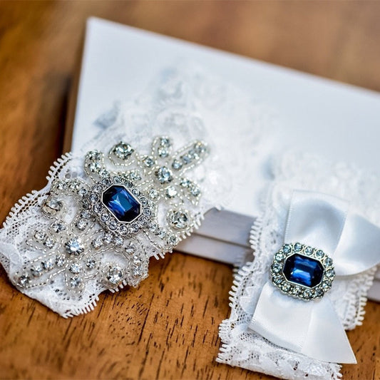 "Ashley" - Blue Crystal Bridal Garter Set