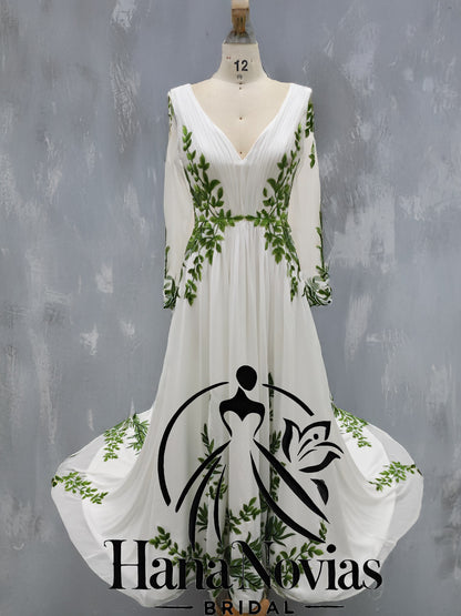Viva La Pepa Eve bridal gown botanical embroidery chiffon V-neck long sleeves
