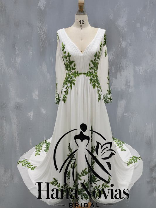 Viva La Pepa Eve bridal gown botanical embroidery chiffon V-neck long sleeves
