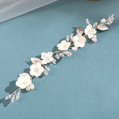 "Adria" - Ivory Ceramic Flowers Bridal Short Hair Vine