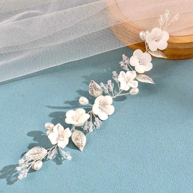 "Adria" - Ivory Ceramic Flowers Bridal Short Hair Vine