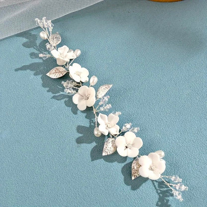 "Adria" - Ivory Ceramic Flowers Bridal Short Hair Vine