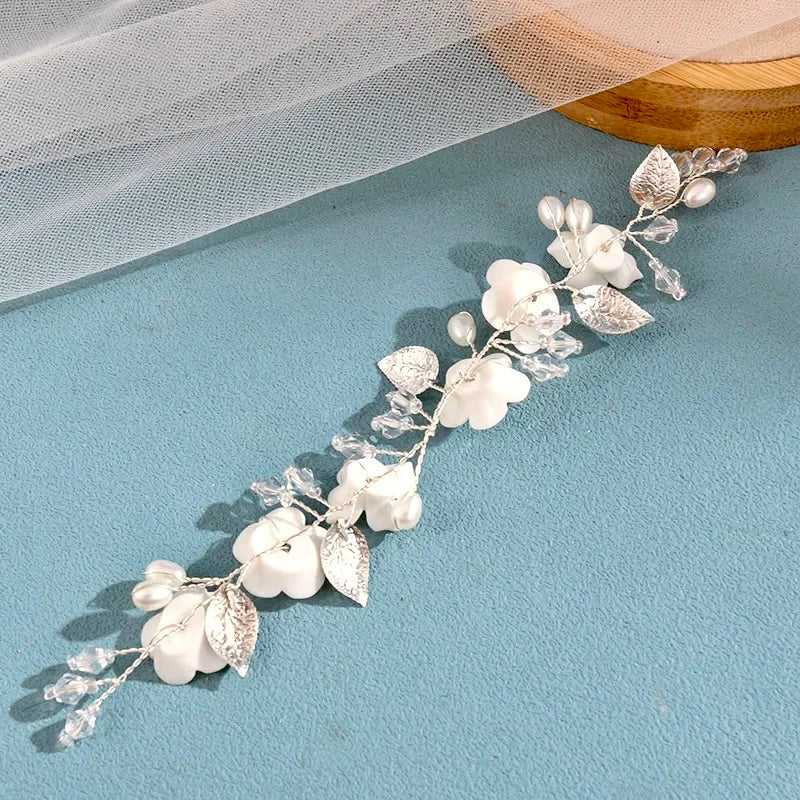 "Adria" - Ivory Ceramic Flowers Bridal Short Hair Vine