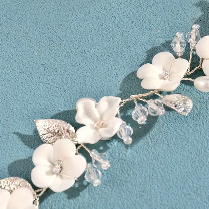 "Adria" - Ivory Ceramic Flowers Bridal Short Hair Vine