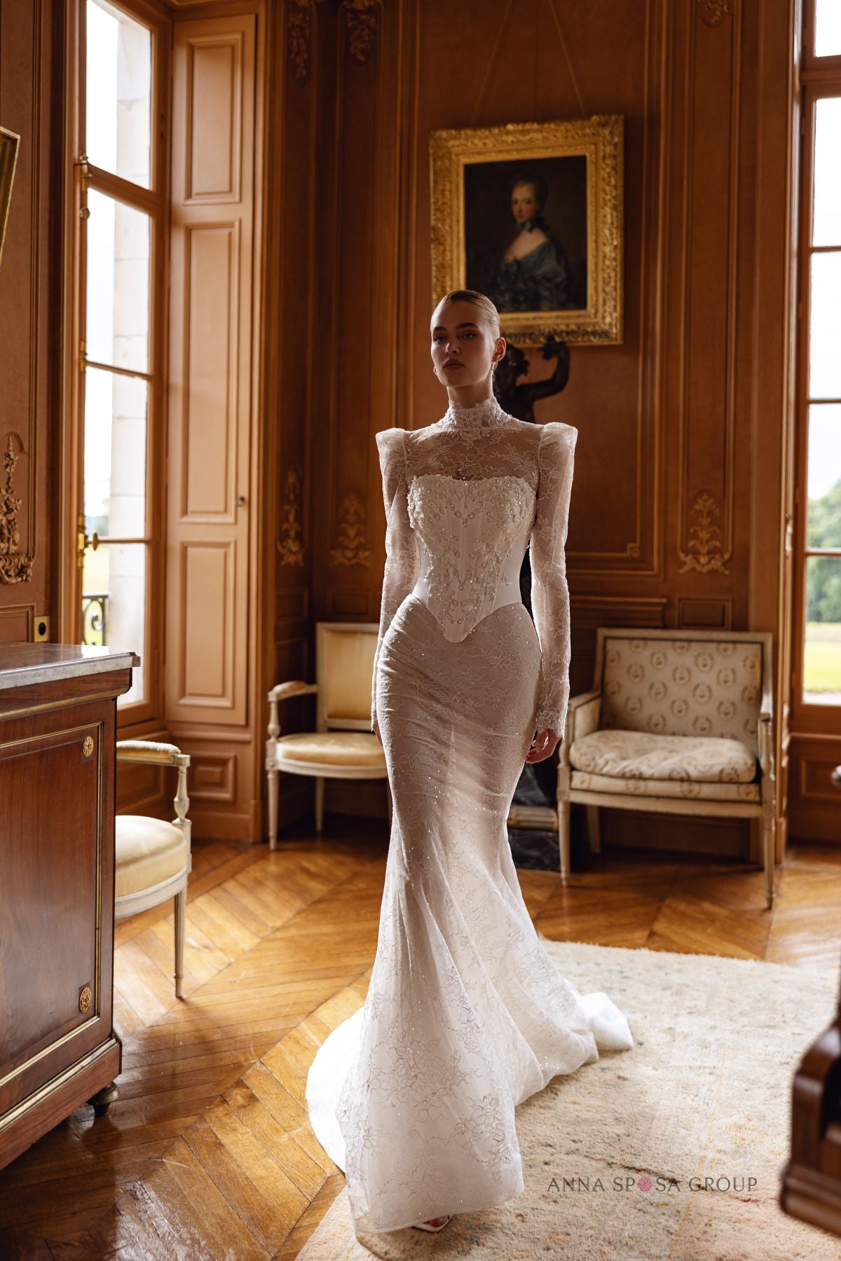 Front view of Klunika wedding dress set showing lace bolero and mermaid silhouette