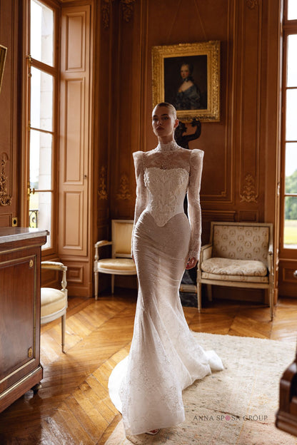 Front view of Klunika wedding dress set showing lace bolero and mermaid silhouette