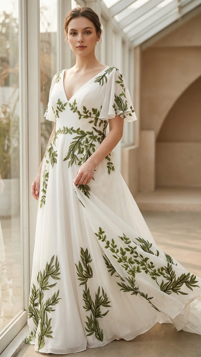 Linda ivory A-line botanical wedding dress with green leaf embroidery, V-neckline and flutter sleeves