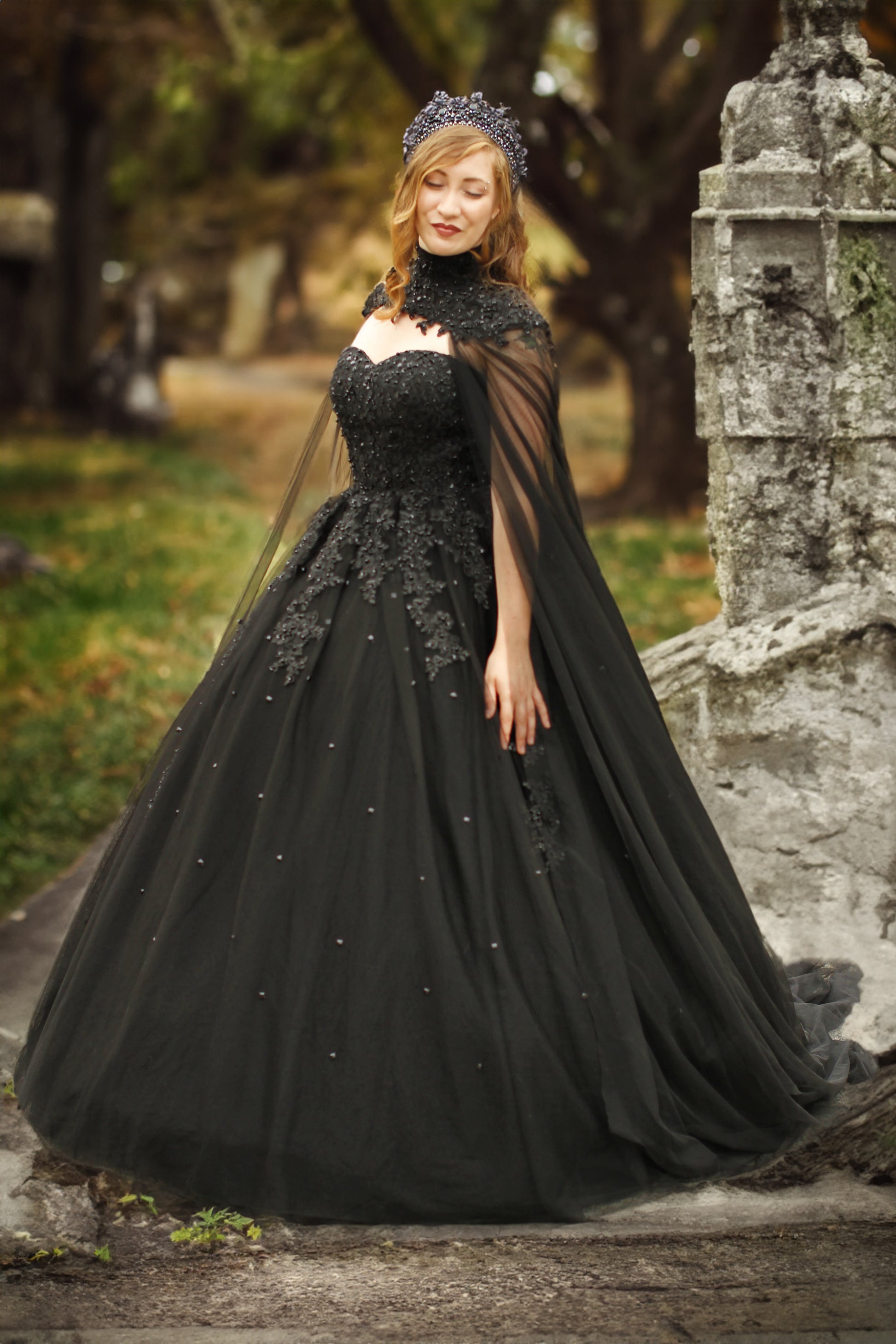 Klyah Black Gothic Wedding Dress Lace Ball Gown with Cape | Dark Bridal A & M Enterprises Bridal Klyah Black Gothic Wedding Dress Lace Ball Gown with Cape | Dark Bridal A & M Enterprises Bridal