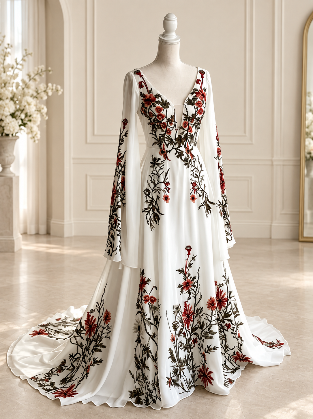 Margot ivory A-line wedding dress with red floral embroidery, deep V-neckline and long flowing sleeves
