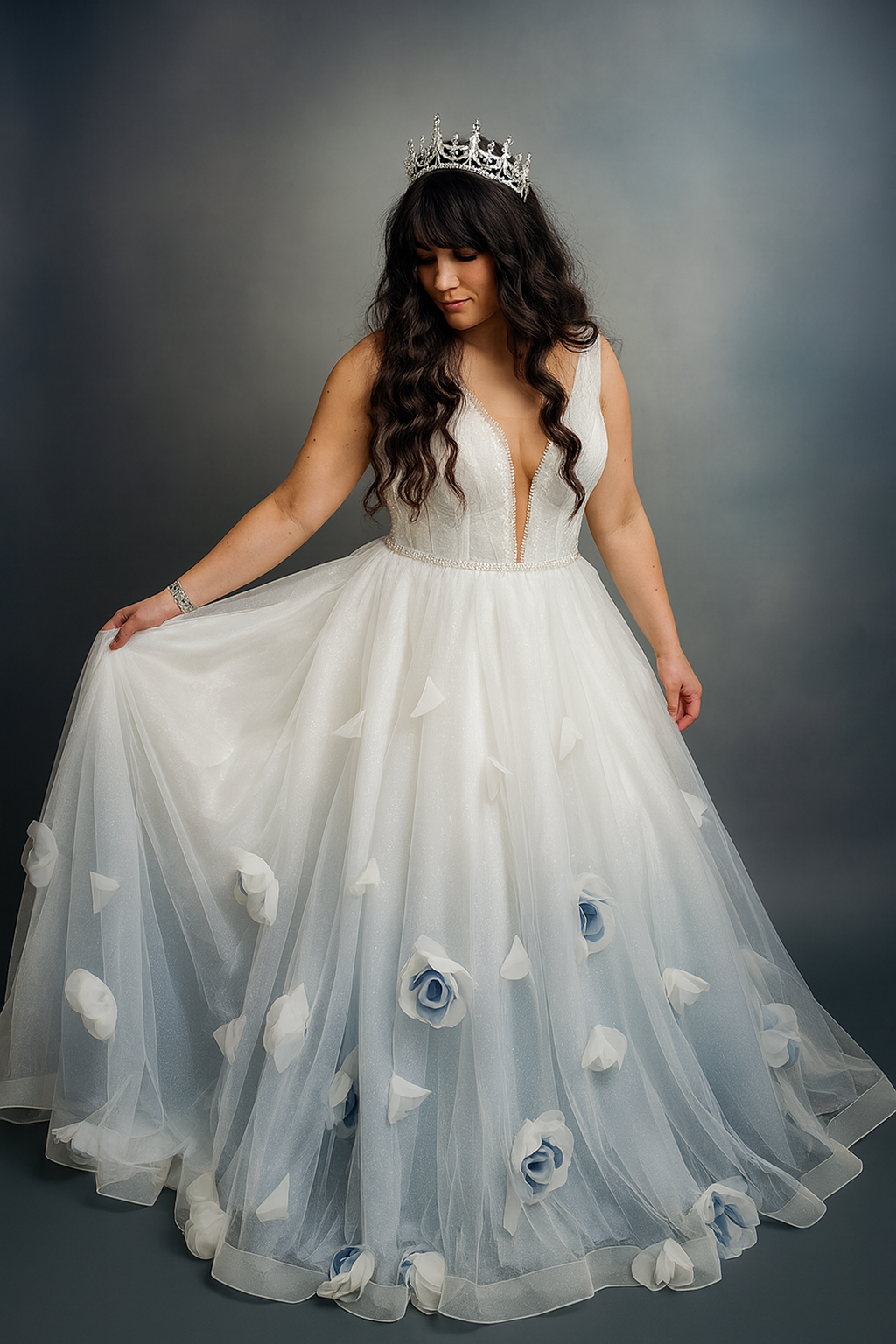 Marina ombré blue wedding dress with 3D flowers by Viva La Pepa Bridal