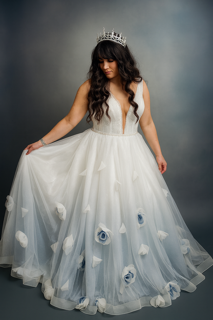 Marina ombré blue wedding dress with 3D flowers by Viva La Pepa Bridal