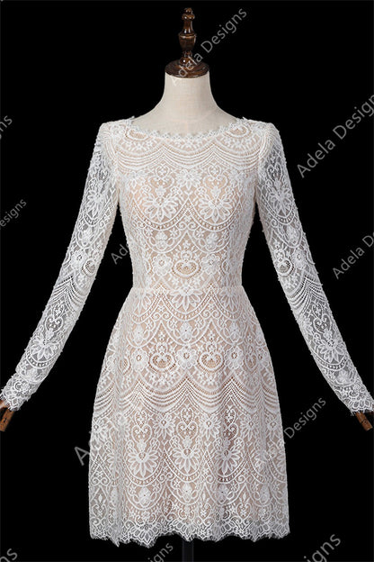Lace mini wedding dress with long sleeves, overskirt removed—Marthe two-piece bridal set.