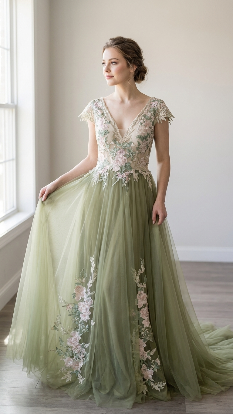 Mavis sage green floral A-line wedding dress with a deep V-neckline and layered tulle skirt