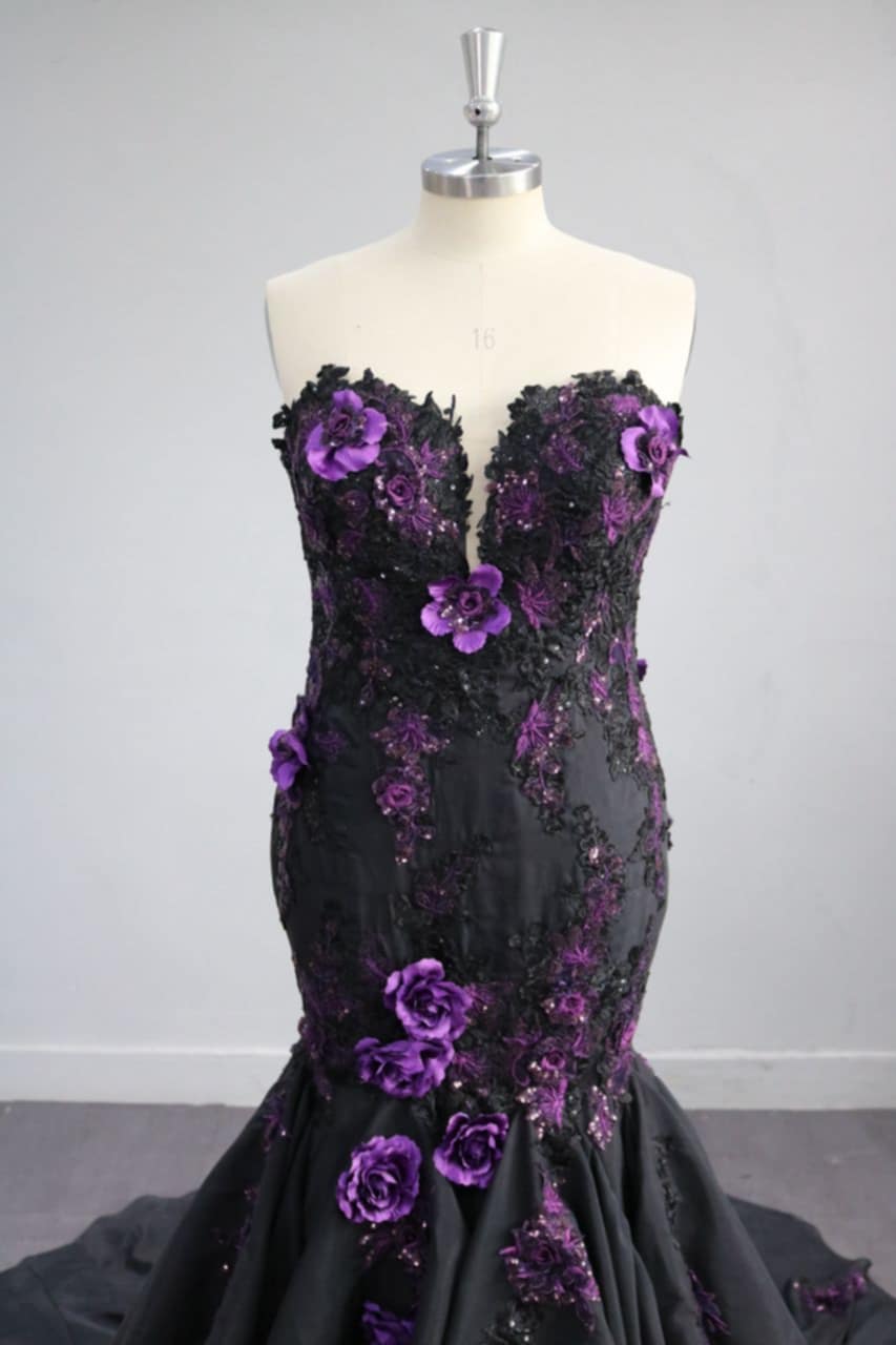 Amethyst Allure Black & Purple Floral Mermaid Wedding Dress by Enchantiva A & M Enterprises Bridal Amethyst Allure Black & Purple Floral Mermaid Wedding Dress by Enchantiva A & M Enterprises Bridal