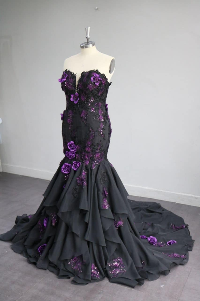 Amethyst Allure Black & Purple Floral Mermaid Wedding Dress by Enchantiva A & M Enterprises Bridal Amethyst Allure Black & Purple Floral Mermaid Wedding Dress by Enchantiva A & M Enterprises Bridal