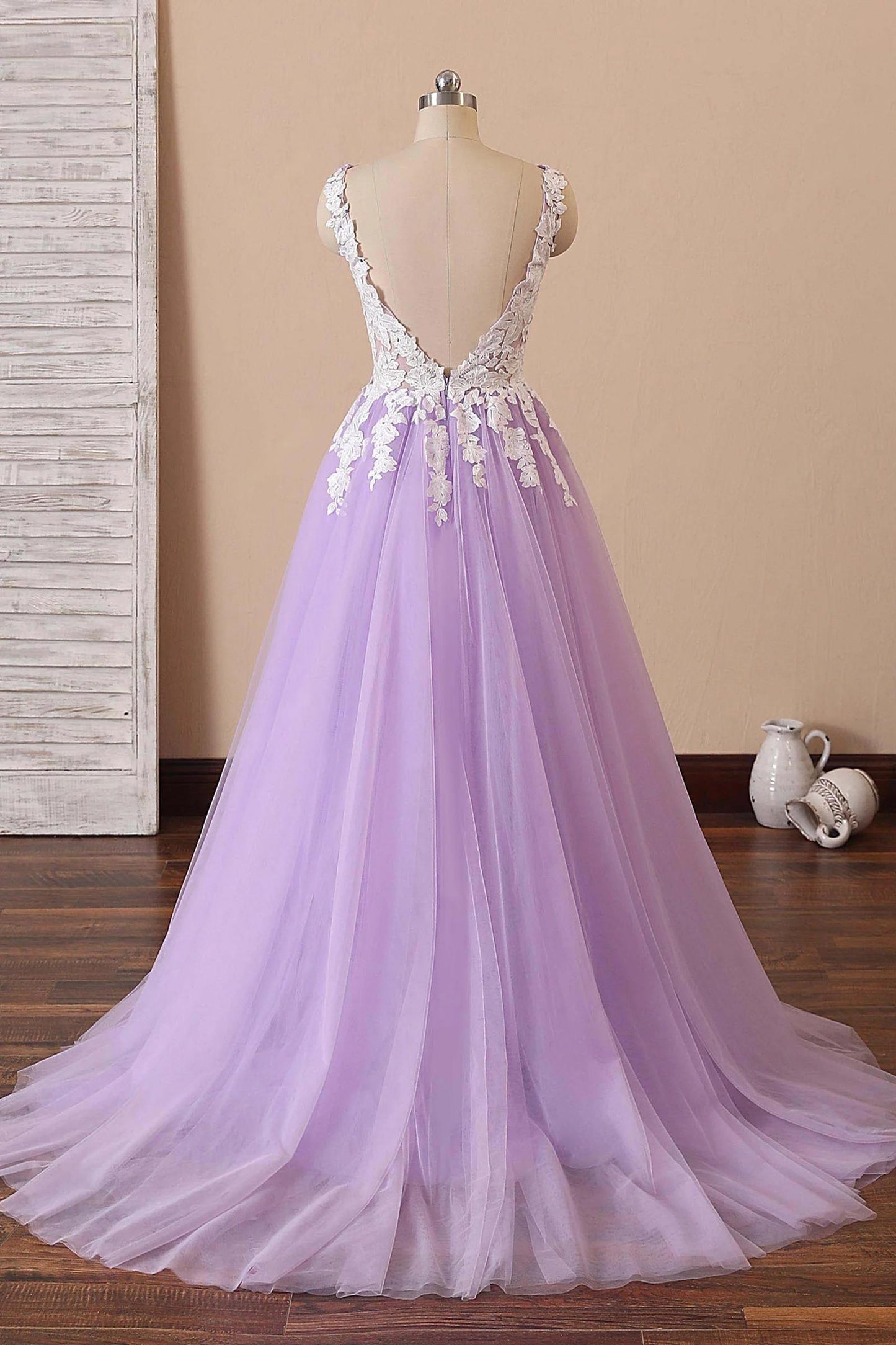 Lavender wedding dress with deep V back and lace bodice