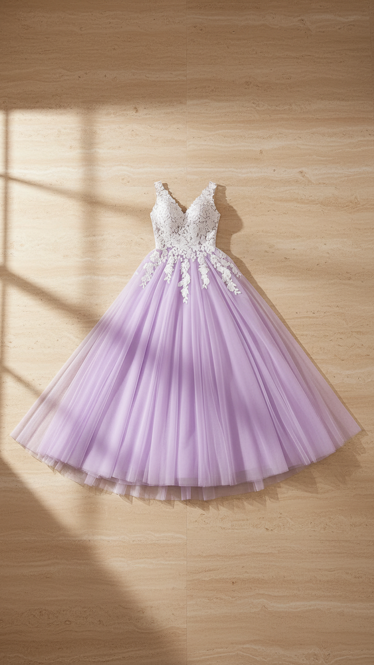 Romantic lavender wedding dress with floral lace and soft tulle layers
