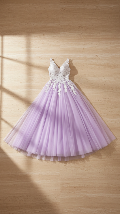 Romantic lavender wedding dress with floral lace and soft tulle layers
