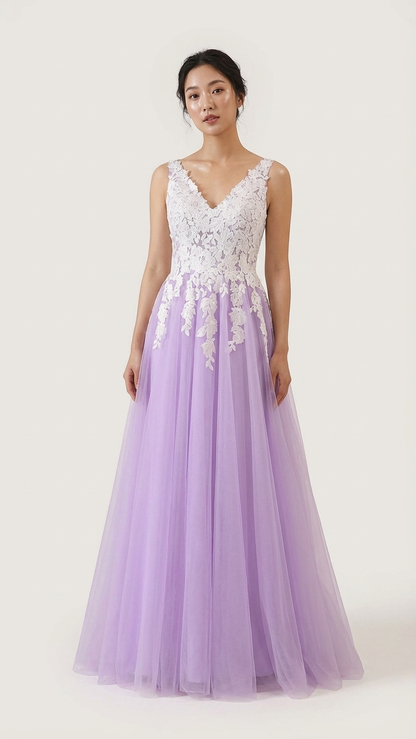 Purple tulle bridal gown with lace V-neck bodice and A-line silhouette