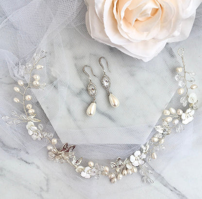 "Andiana" - Freshwater Pearl Bridal Headband and Earrings Set - Available in Silver and Yellow Gold