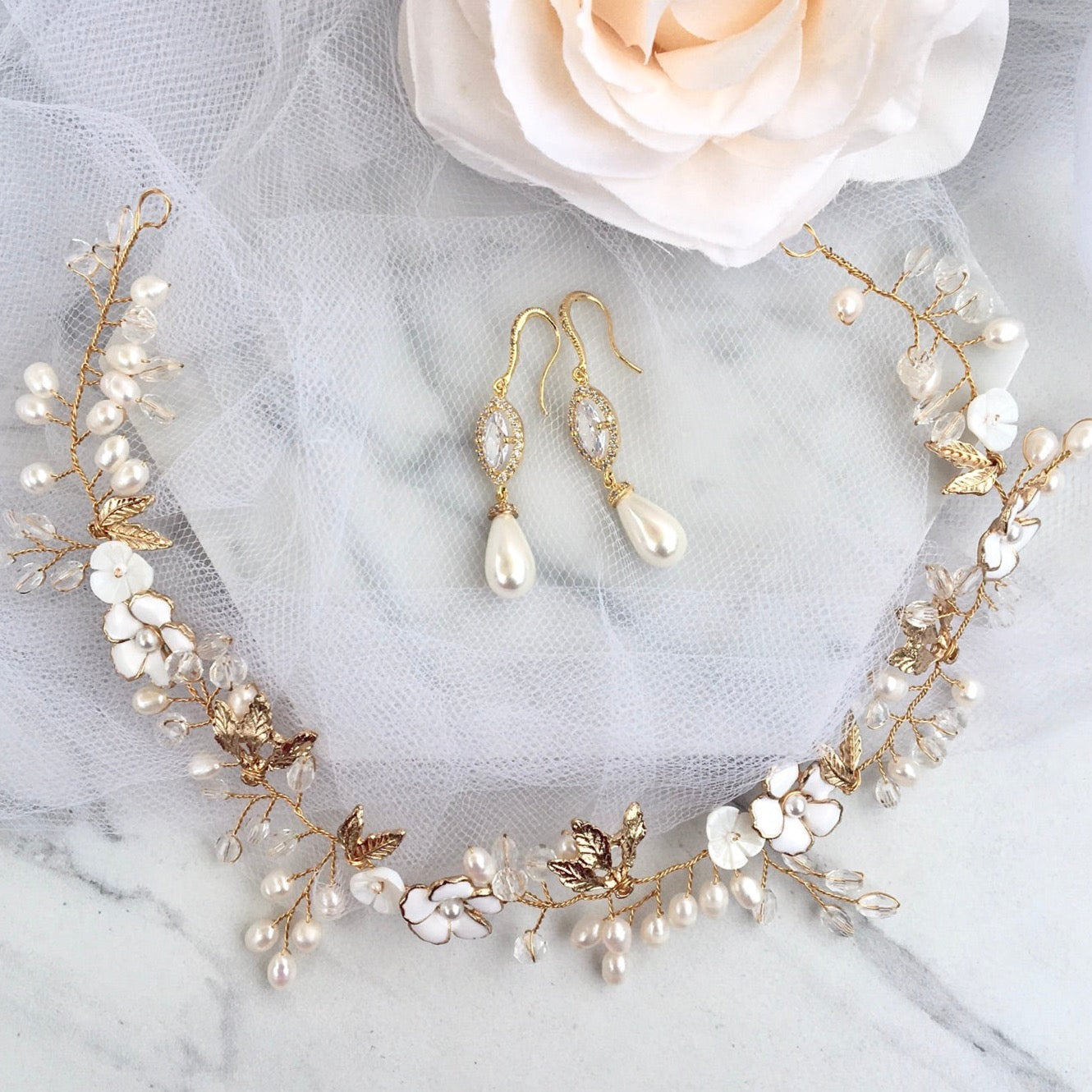 "Andiana" - Freshwater Pearl Bridal Headband and Earrings Set - Available in Silver and Yellow Gold