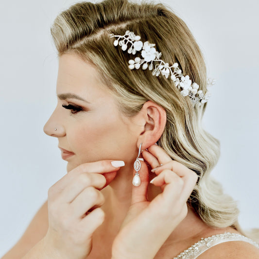 "Andiana" - Freshwater Pearl Bridal Headband and Earrings Set - Available in Silver and Yellow Gold