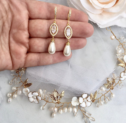 "Andiana" - Freshwater Pearl Bridal Headband and Earrings Set - Available in Silver and Yellow Gold