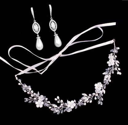 "Andiana" - Freshwater Pearl Bridal Headband and Earrings Set - Available in Silver and Yellow Gold