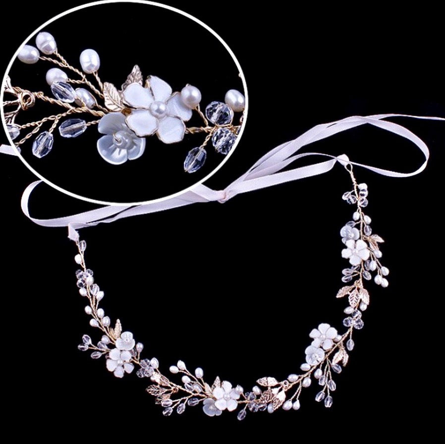 "Andiana" - Freshwater Pearl Bridal Headband and Earrings Set - Available in Silver and Yellow Gold