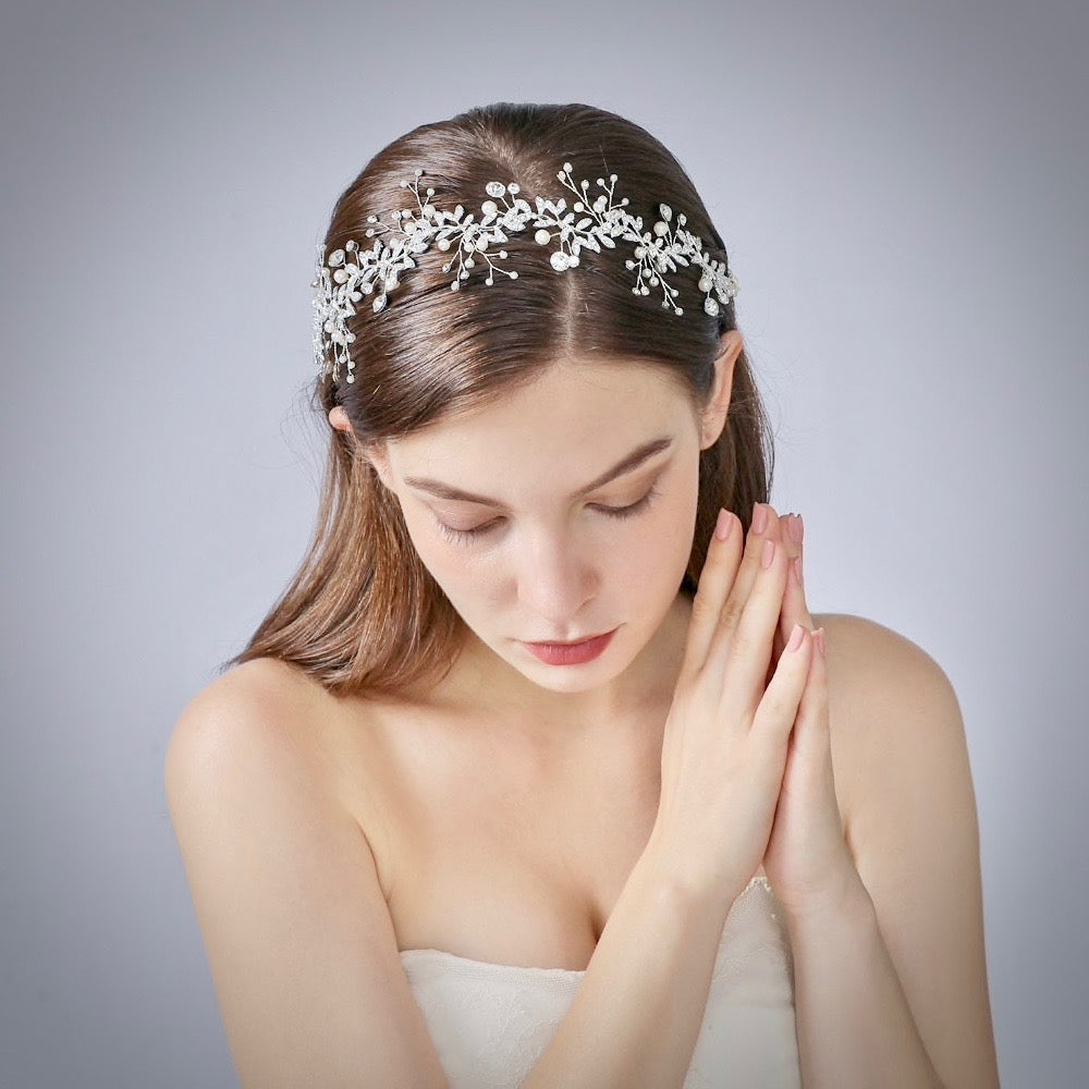 "Adrielle" - Pearl and Crystal Bridal Headband / Vine - Available in Rose Gold, Silver and Yellow Gold