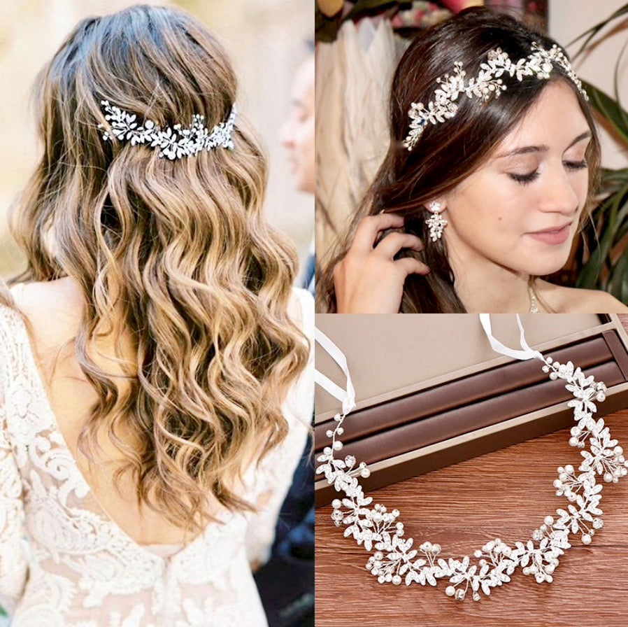 "Adrielle" - Pearl and Crystal Bridal Headband / Vine - Available in Rose Gold, Silver and Yellow Gold