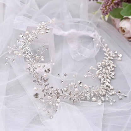 "Adrielle" - Pearl and Crystal Bridal Headband / Vine - Available in Rose Gold, Silver and Yellow Gold