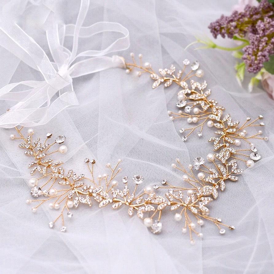 "Adrielle" - Pearl and Crystal Bridal Headband / Vine - Available in Rose Gold, Silver and Yellow Gold