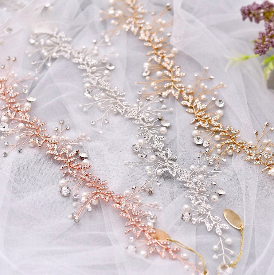 "Adrielle" - Pearl and Crystal Bridal Headband / Vine - Available in Rose Gold, Silver and Yellow Gold