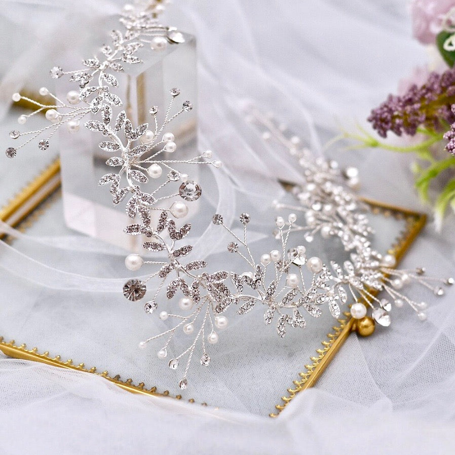 "Adrielle" - Pearl and Crystal Bridal Headband / Vine - Available in Rose Gold, Silver and Yellow Gold