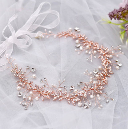 "Adrielle" - Pearl and Crystal Bridal Headband / Vine - Available in Rose Gold, Silver and Yellow Gold