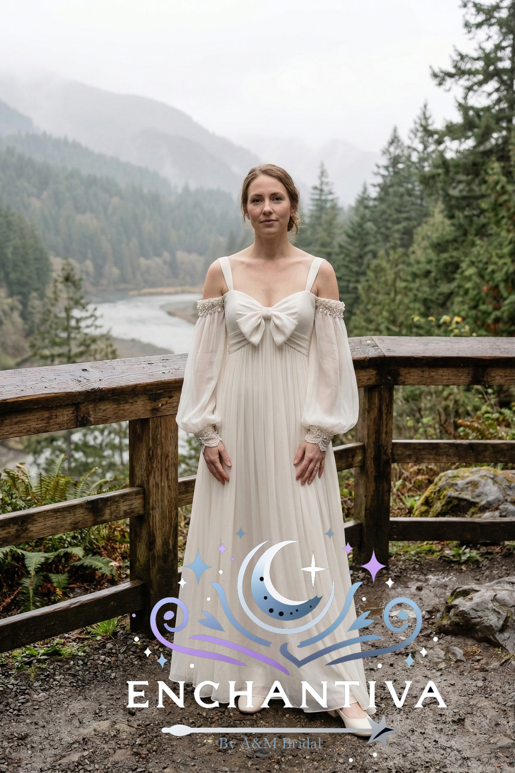 Petaline romantic chiffon wedding dress with bow bodice and off shoulder sleeves